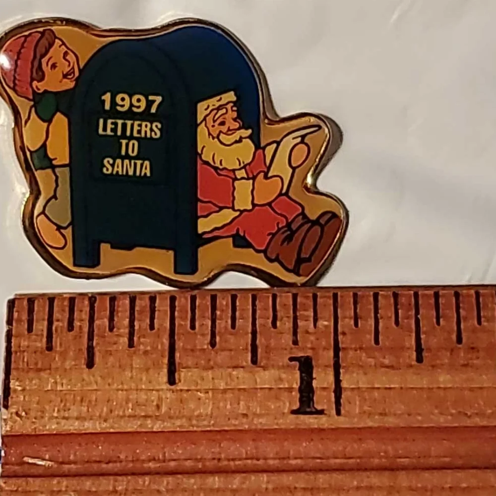 Letters To Santa Christmas PinBack Brooch Santa & Elf at the Mailbox 1997